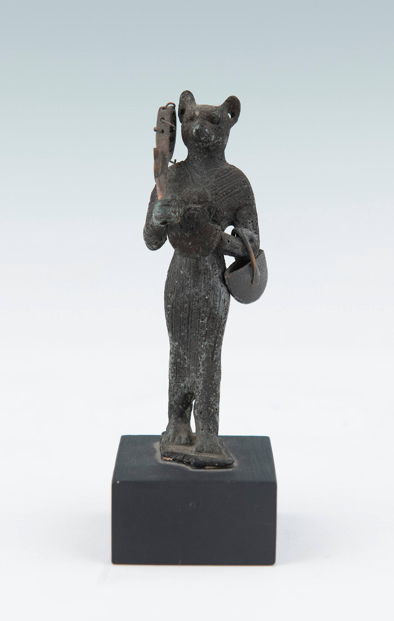 Votive Statue of the Goddess Bastet with Modern Sistrum and Basket