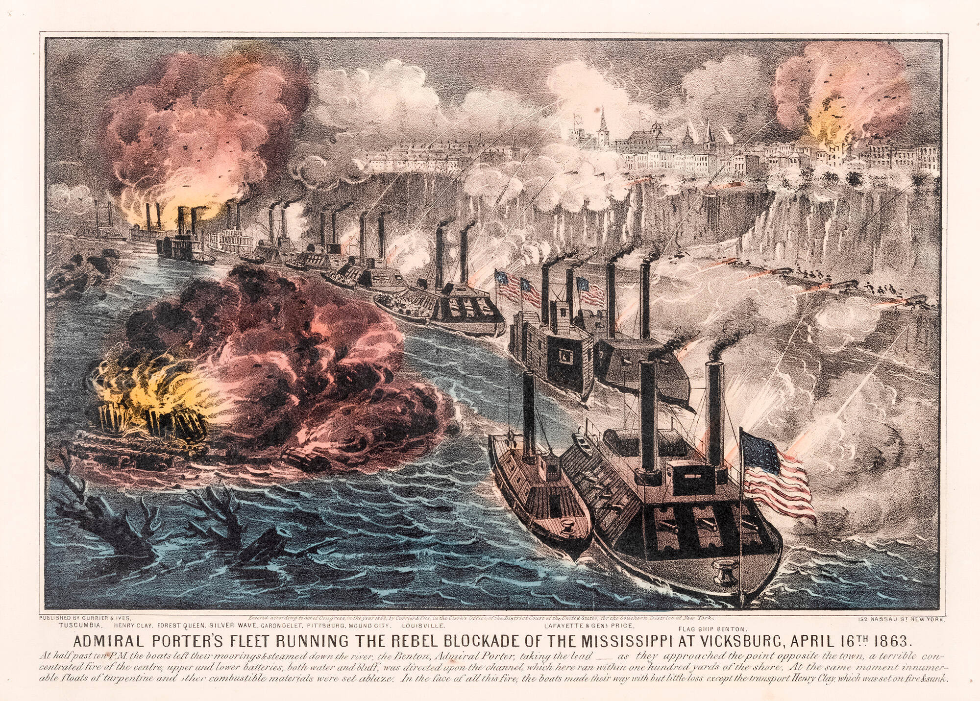 Admiral Porter's Fleet Running the Rebel Blockade of the Mississippi at Vicksburg, April 16th 1863