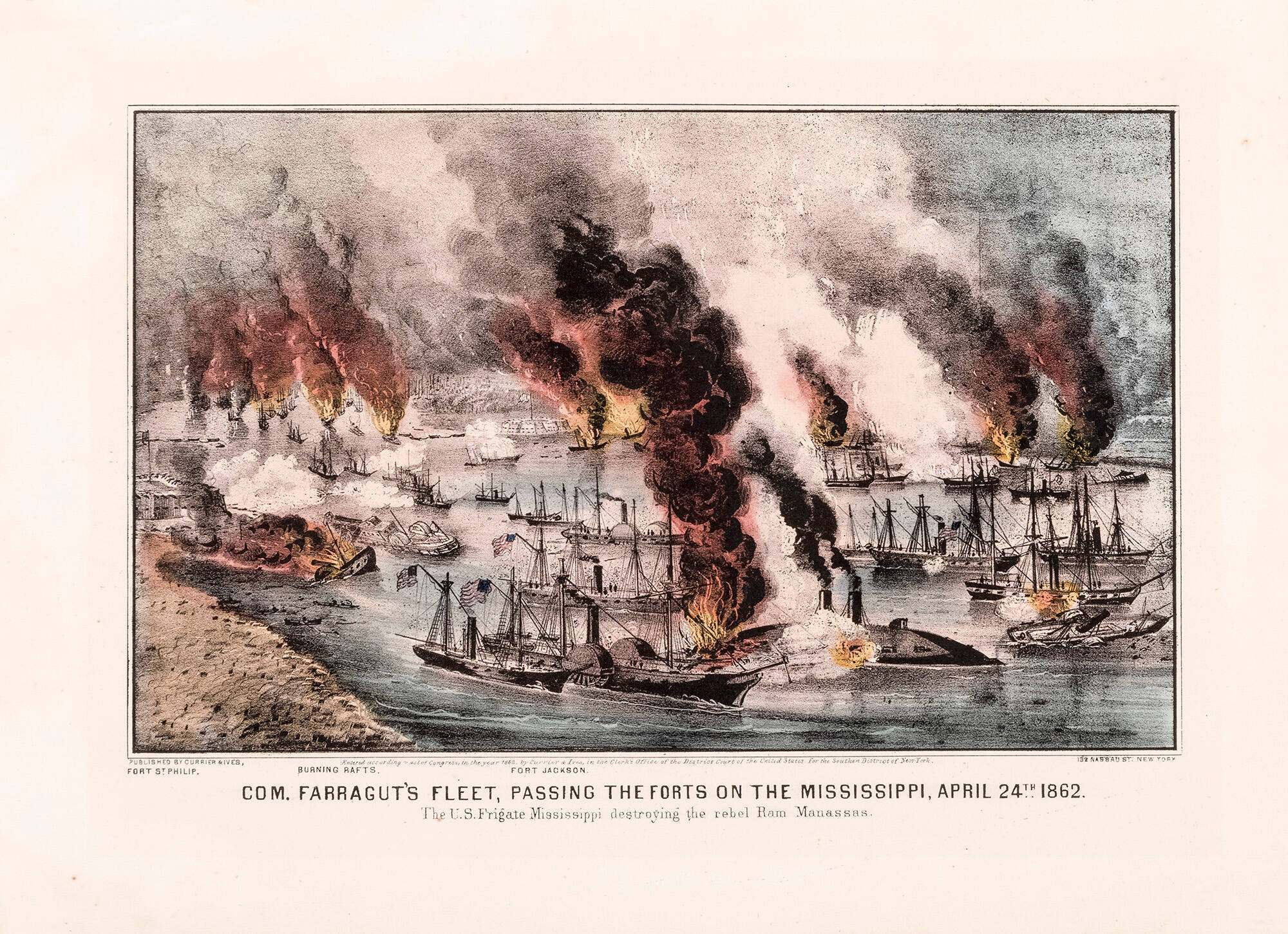 Com. Farragut's Fleet, Passing the Forts on the Mississippi, April 24th 1862: The U.S. Frigate Mississippi Destroying the Rebel Ram Manassas