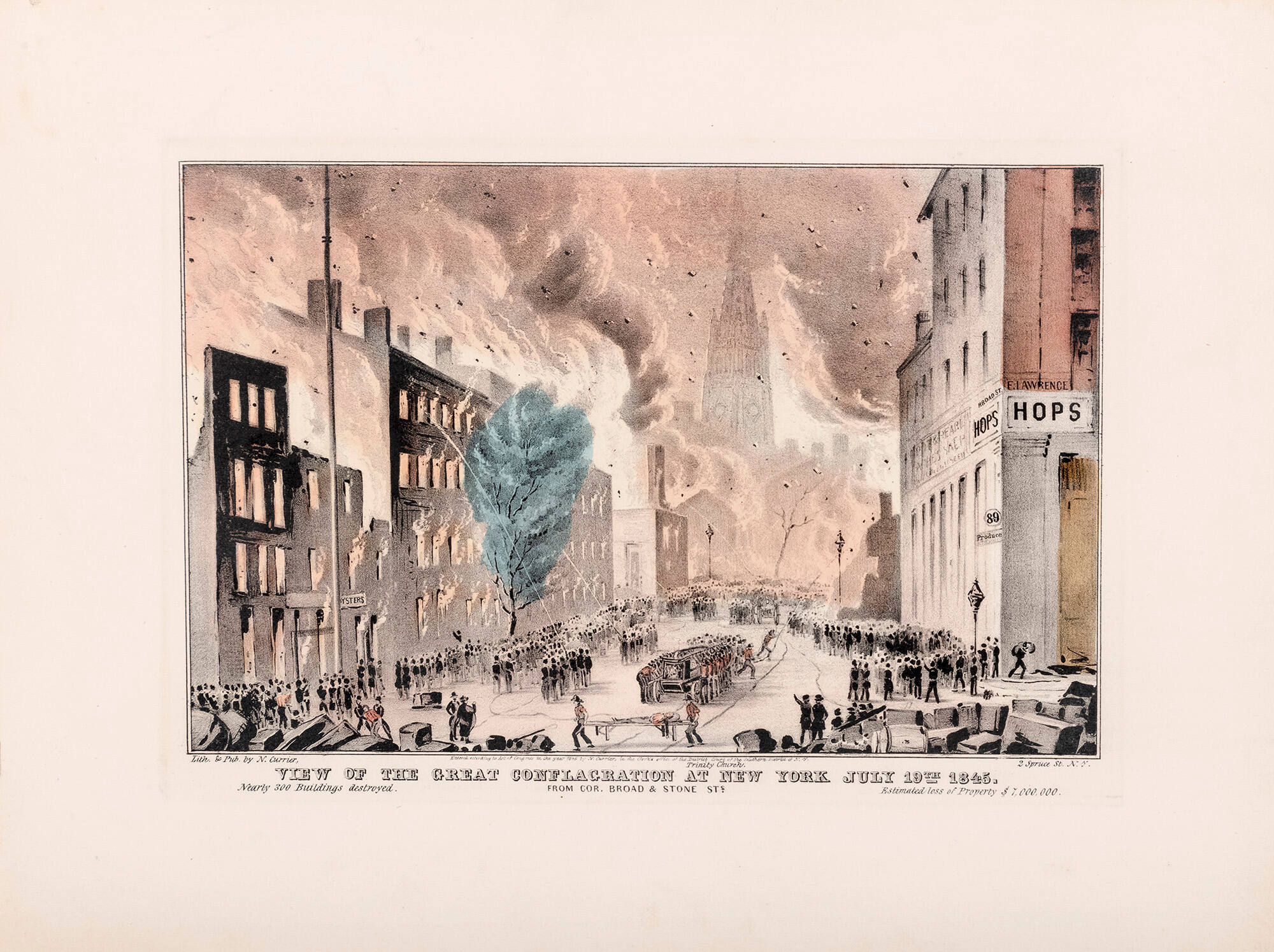 View of the Great Conflagration at New York July 19th 1845: From Cor. Broad & Stone Sts.