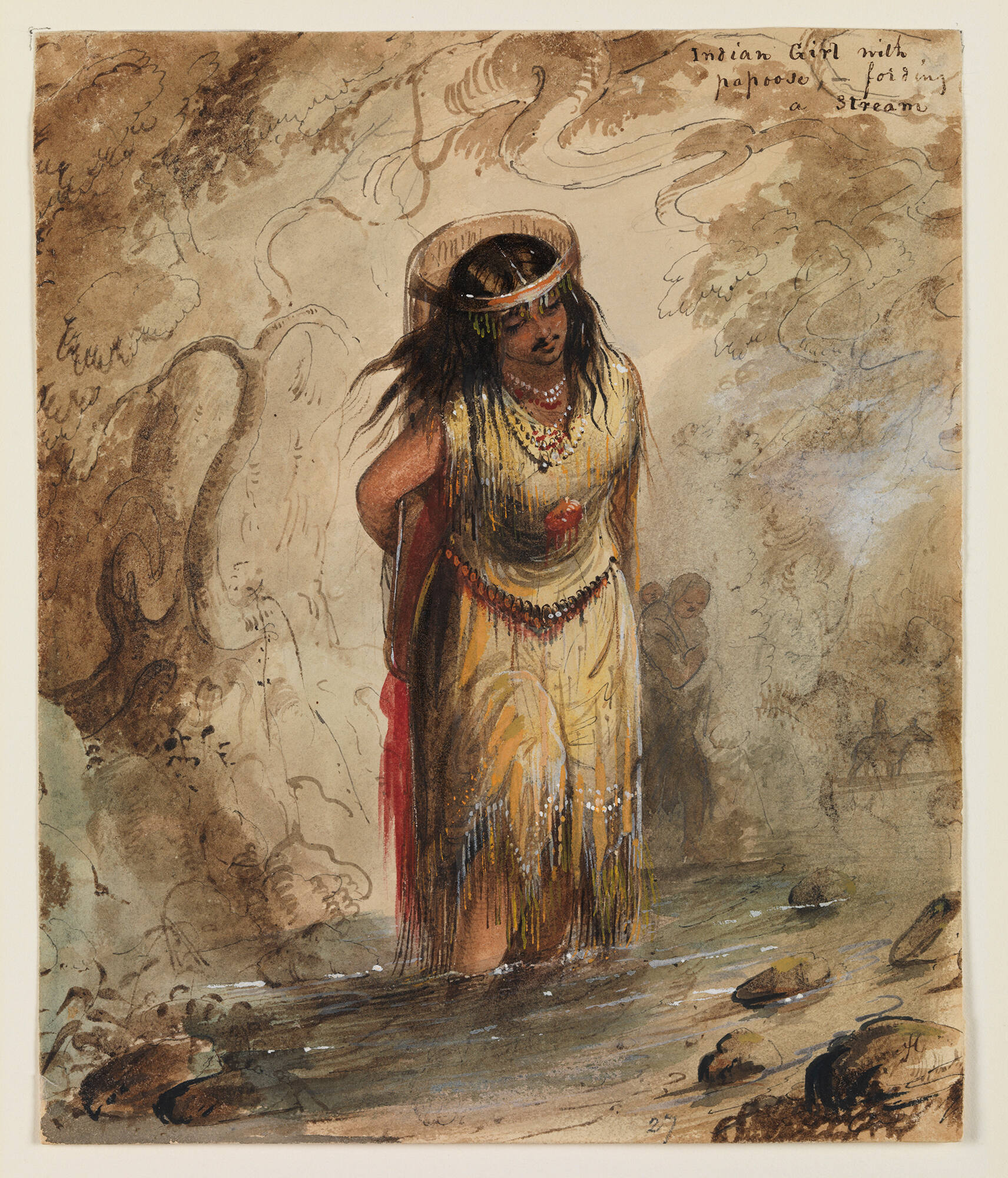 Indian Girl with Papoose Fording a Stream