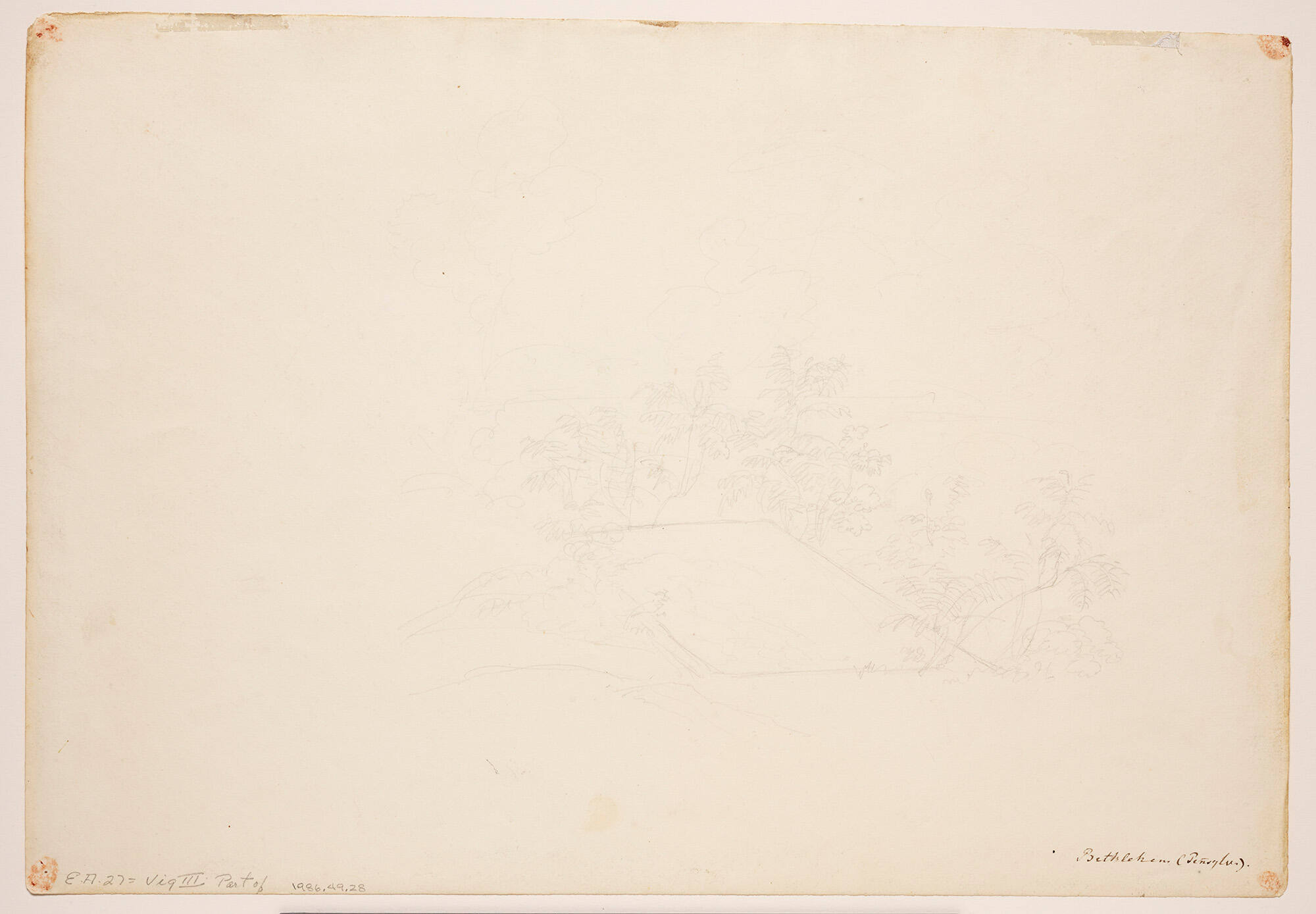 Untitled (Light pencil sketch of trees and plot of ground on reverse of "Bethlehem")