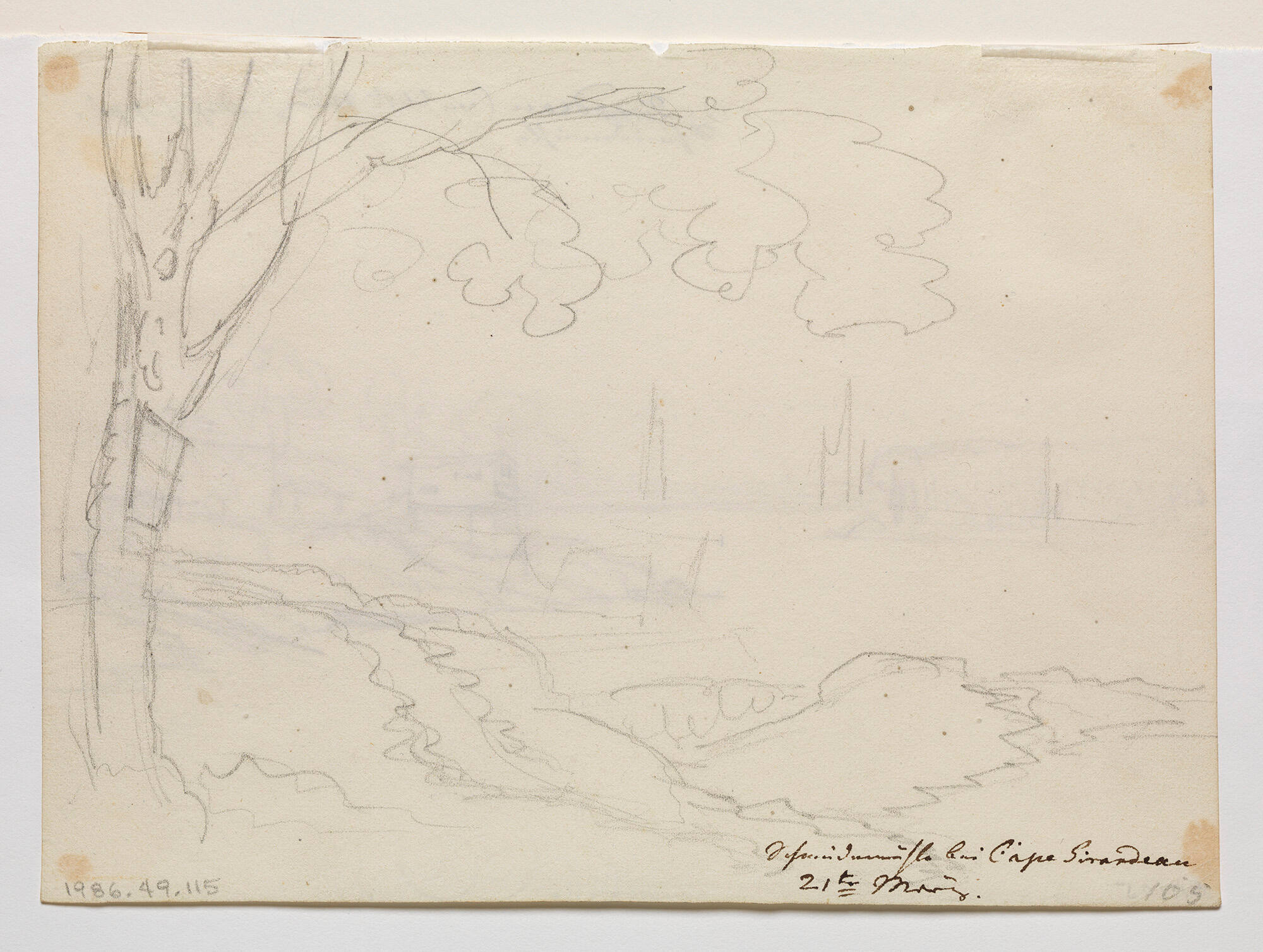 Untitled (sketch of trees on left with landscape below trees)
