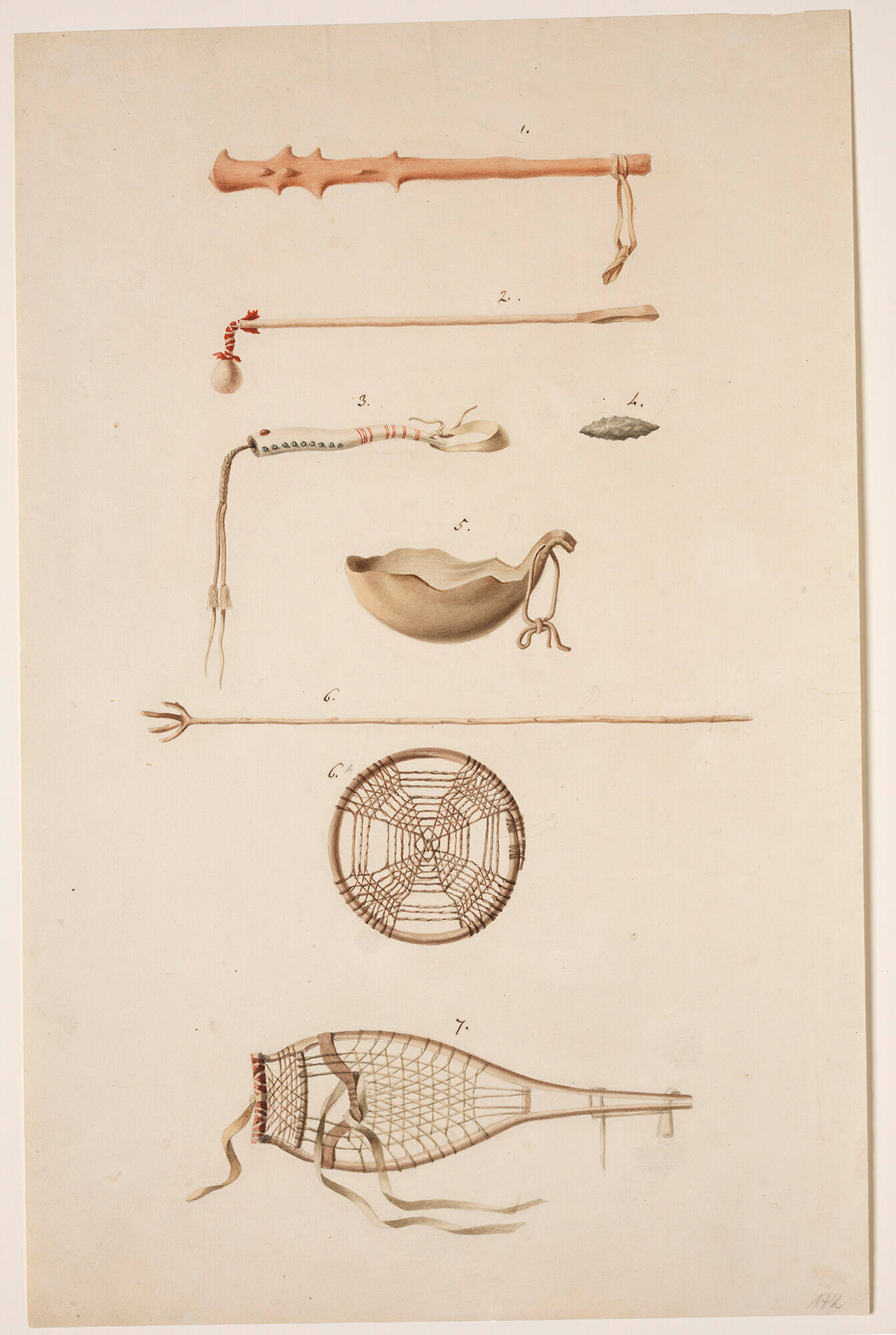 Artifacts (8 sketches: clubs, quirt, bowl, snowshoes)