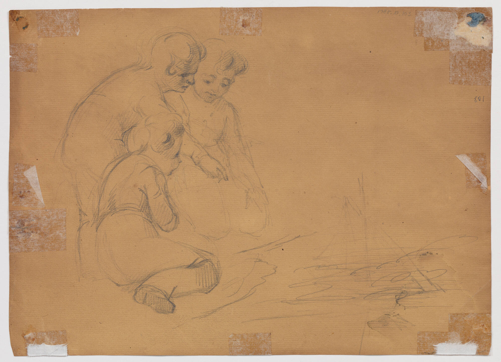 Untitled (Sketch of three children sitting on the bank of a pond watching a toy sailboat)