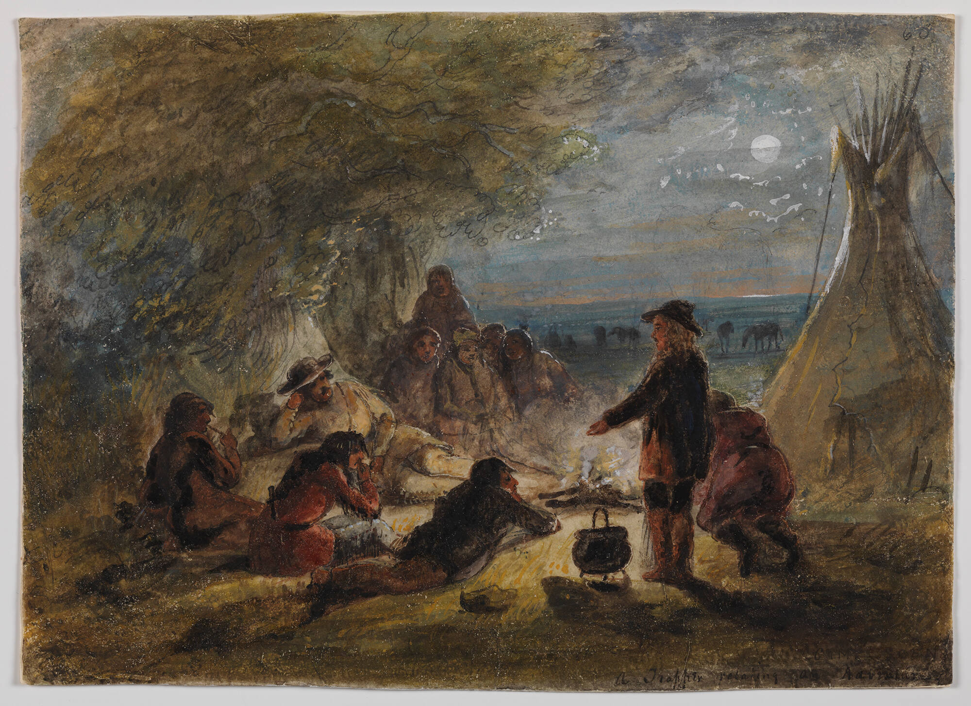 Camp Fire at Night: Trapper Relating an Adventure