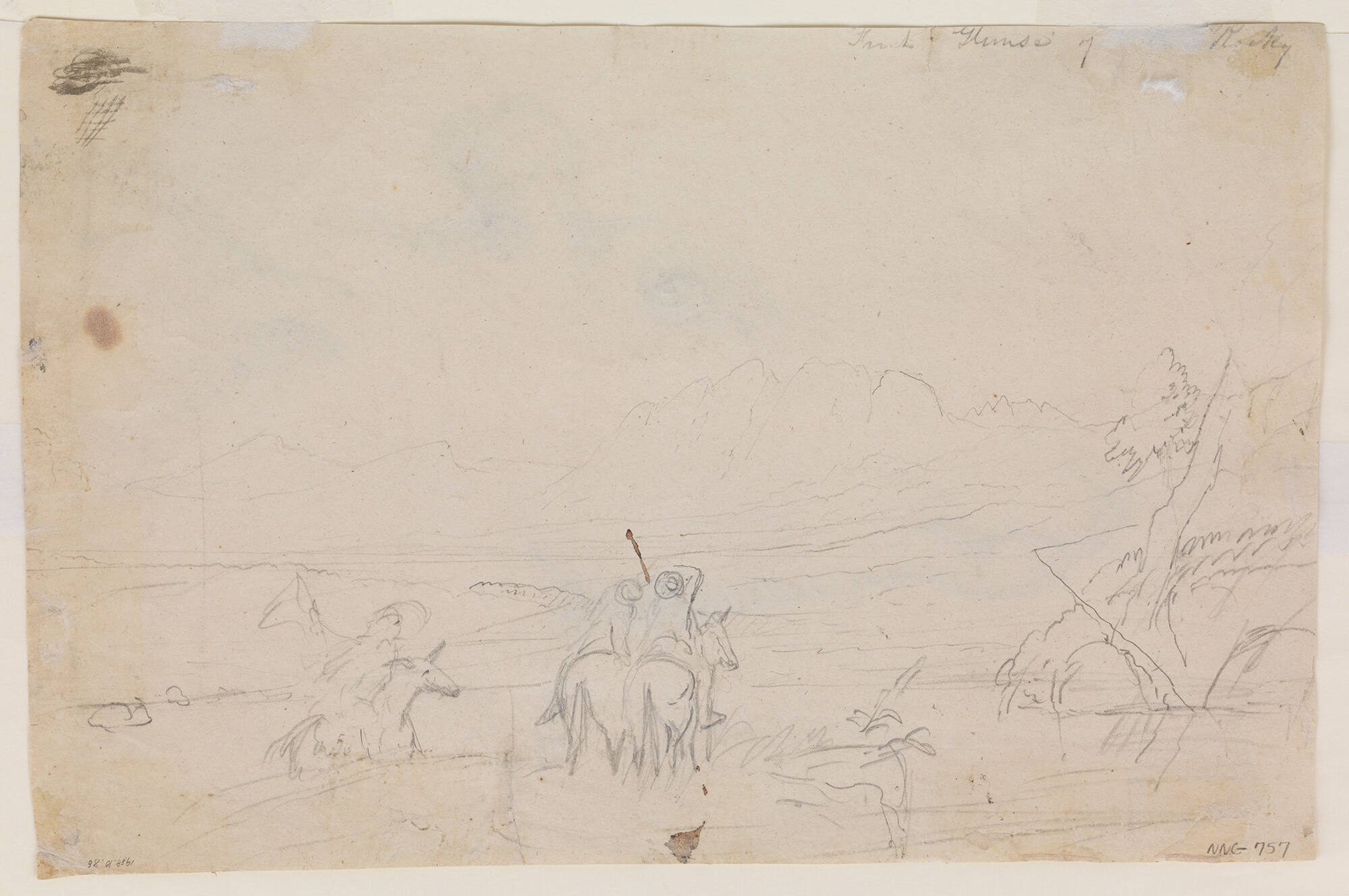 Untitled (Sketch of three men on horseback in front of lakes and mountains)